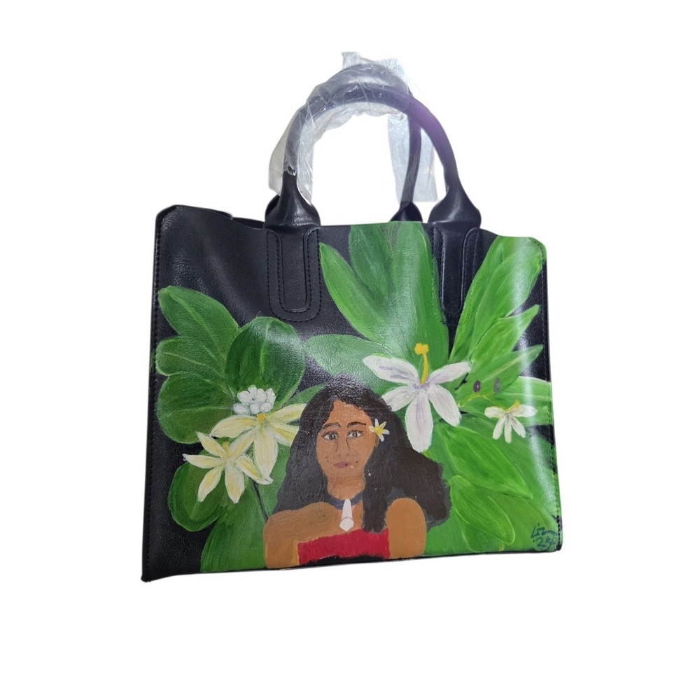 Handmade Leather Handbag Hand-Painted Hawaiian Purse 12×10×5‎ Artsy NEW Flaw